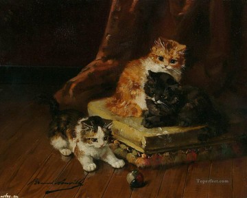  cats Painting - cats and a ball Alfred Brunel de Neuville